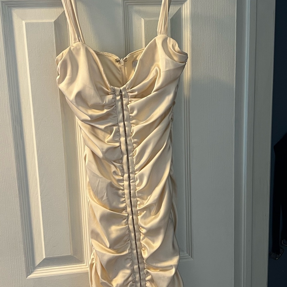 Princess Polly Ruched Satin Midi Dress in Cream